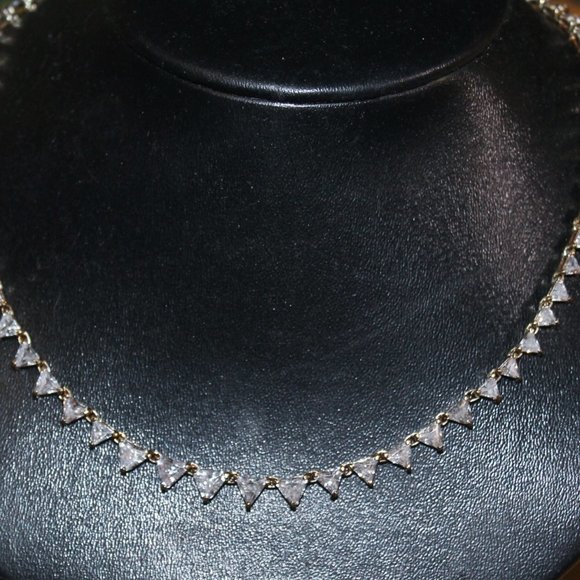 14K/925 Jewelry - Gold Over 925 Trillion Cut Diamond CZ Tennis Necklace Over 30 Carats